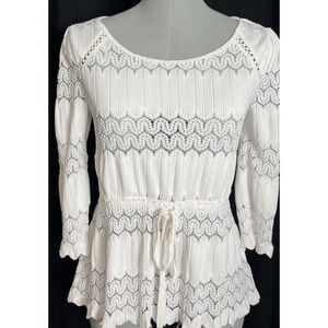 Free People Women's XS White Open Knit Lace 3/4 Sleeve Tunic Top Fairy Boho